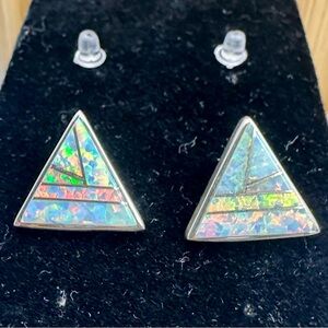 CALVIN BEGAY Navajo Sterling Silver Opal Inlay Triangle Earrings